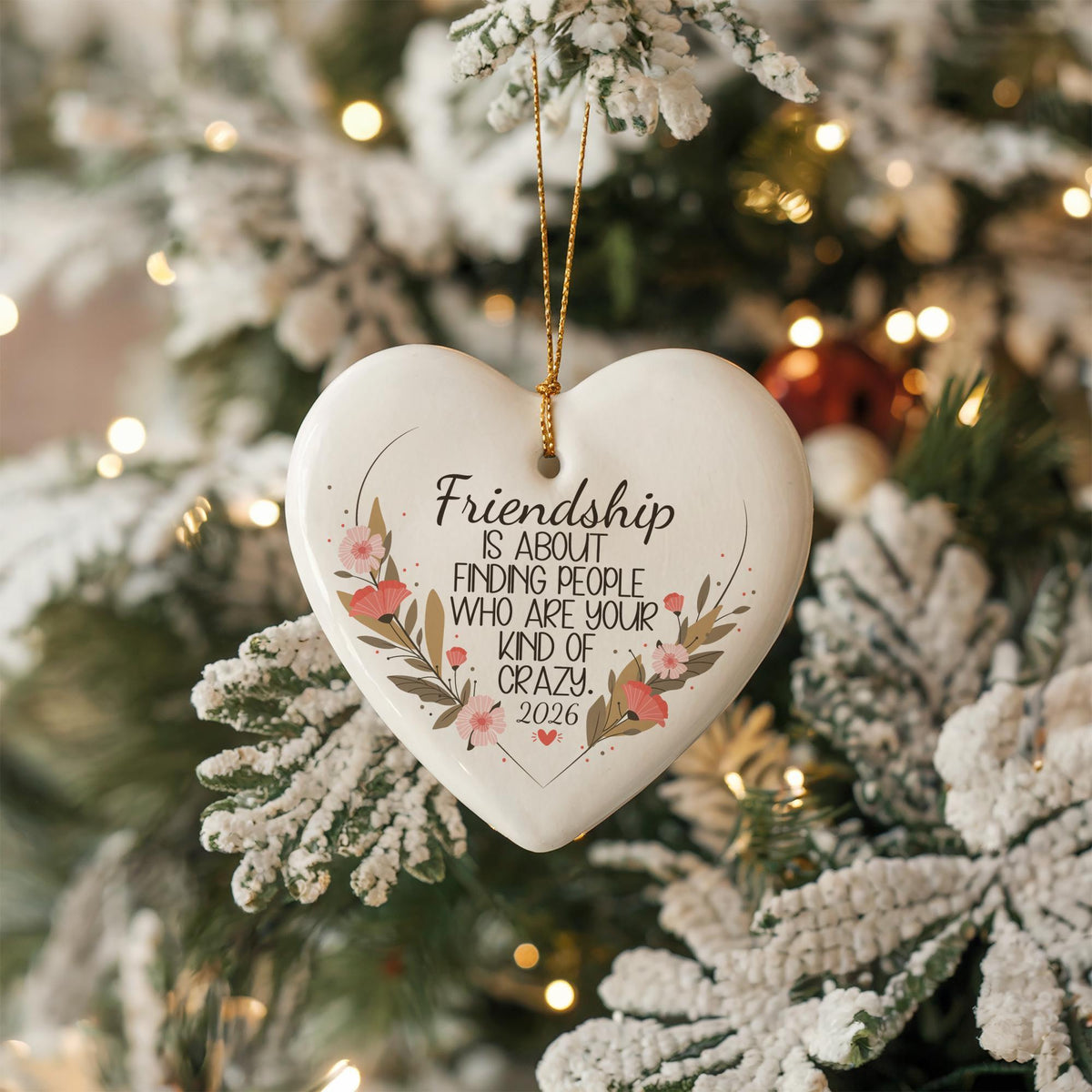 Ceramic Friendship Ornament, Floral Heart Bauble, Bestie Holiday Decor