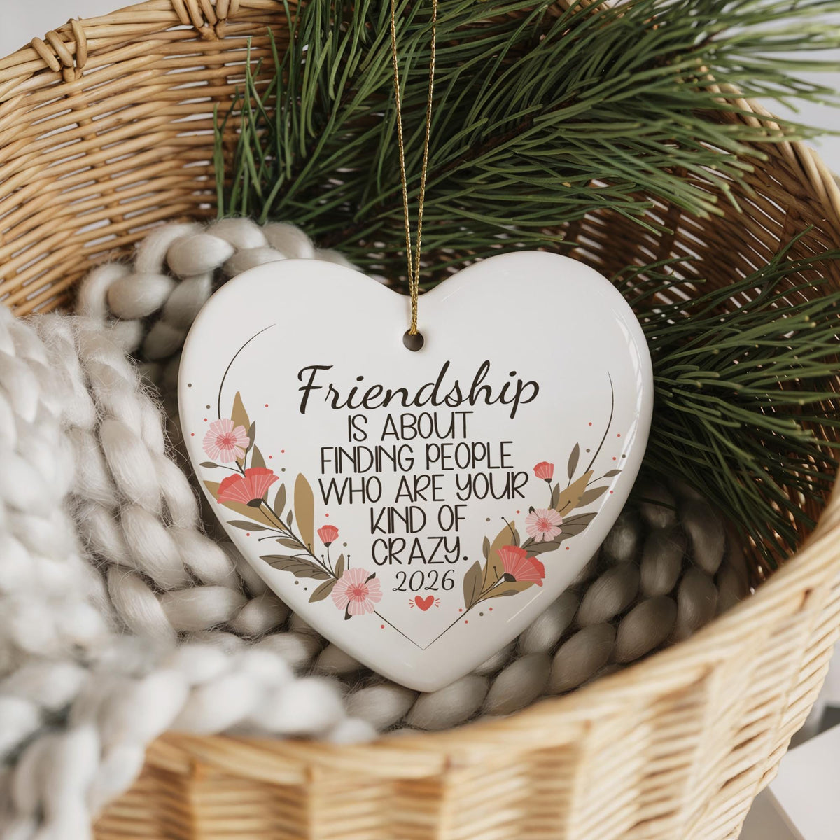 Ceramic Friendship Ornament, Floral Heart Bauble, Bestie Holiday Decor