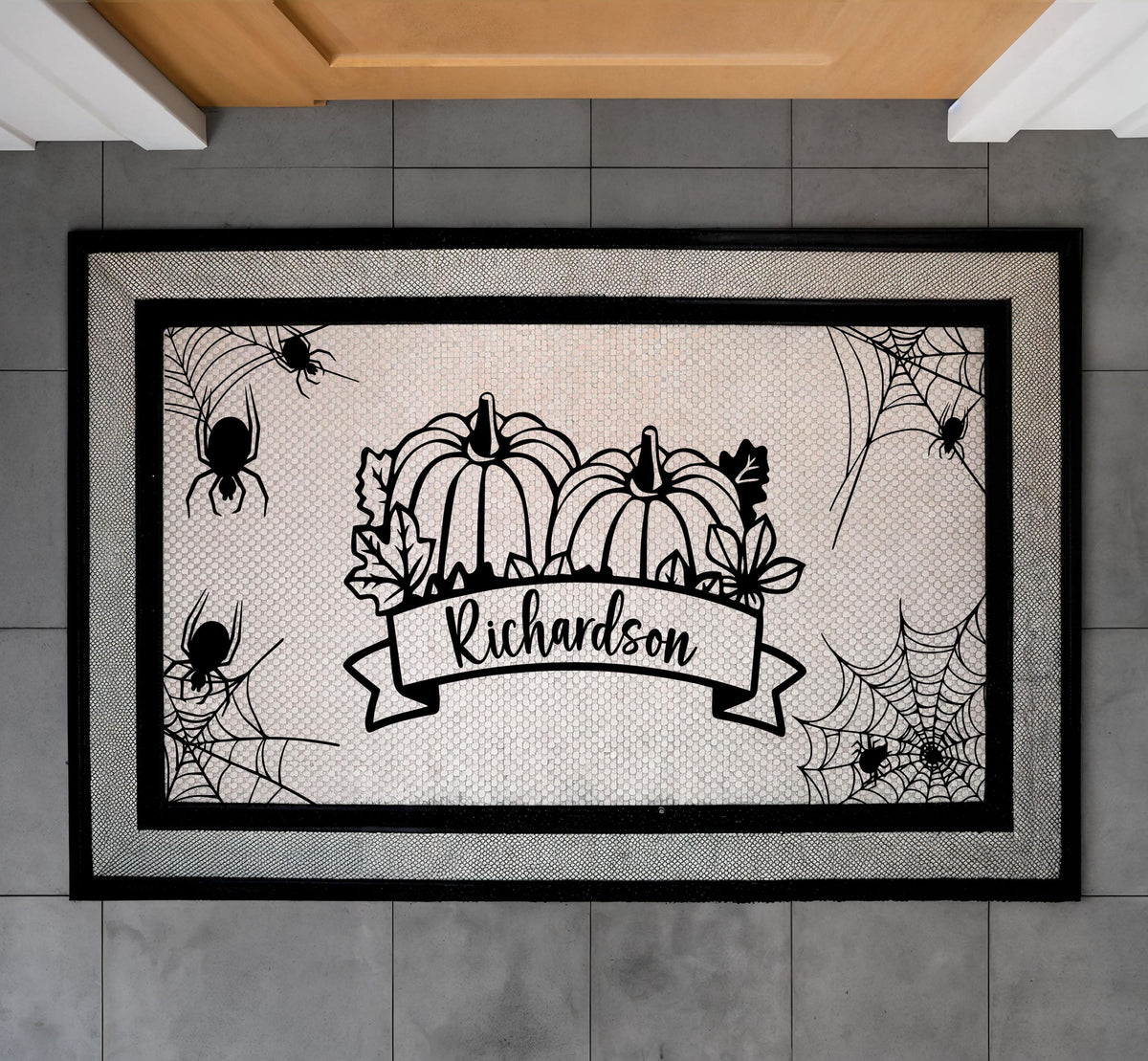 Custom Family Name Pumpkin Doormat, Gothic Spider Web Halloween Welcome Mat