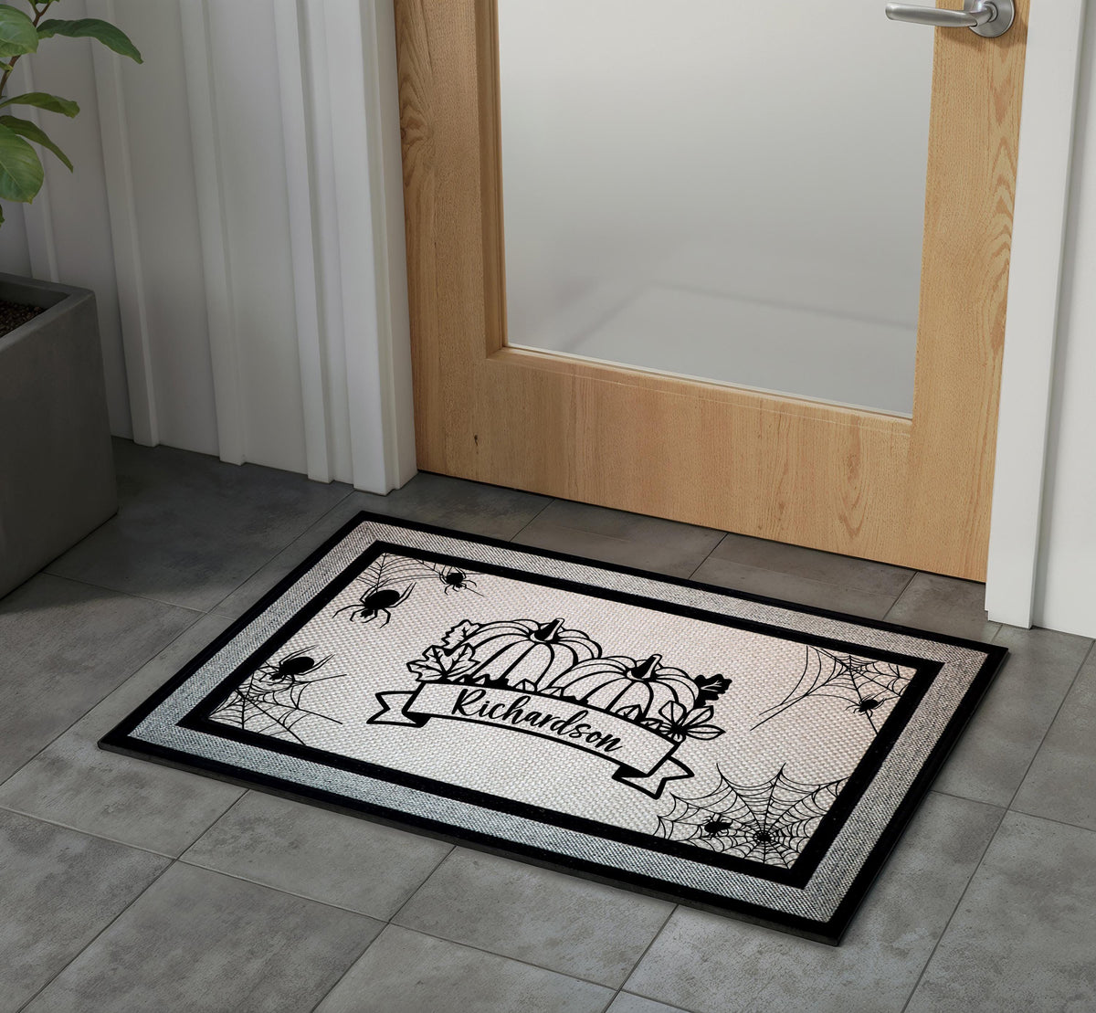 Custom Family Name Pumpkin Doormat, Gothic Spider Web Halloween Welcome Mat