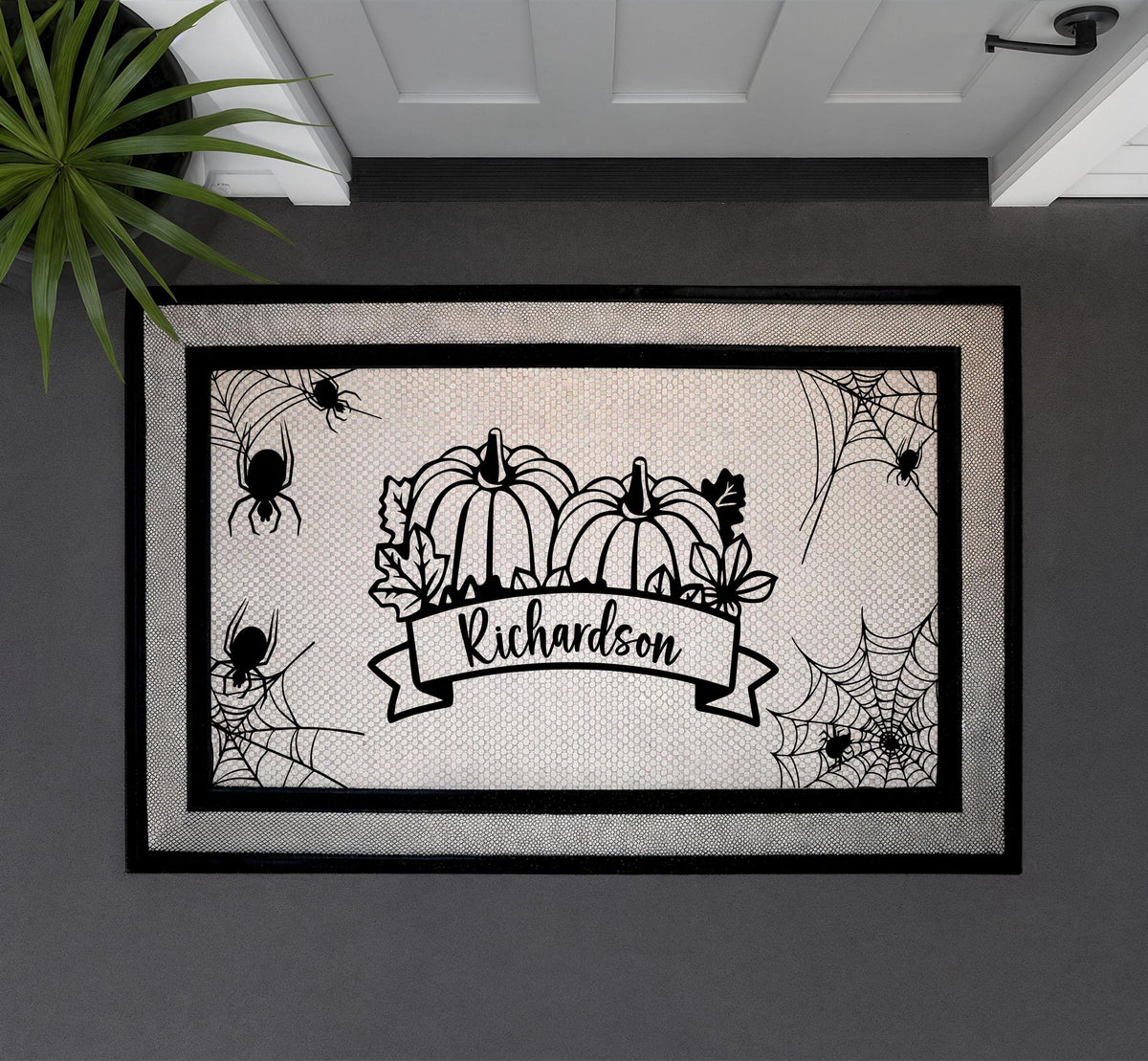 Custom Family Name Pumpkin Doormat, Gothic Spider Web Halloween Welcome Mat