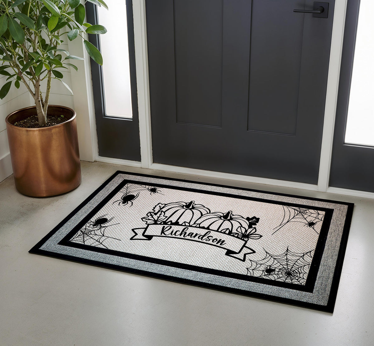 Custom Family Name Pumpkin Doormat, Gothic Spider Web Halloween Welcome Mat