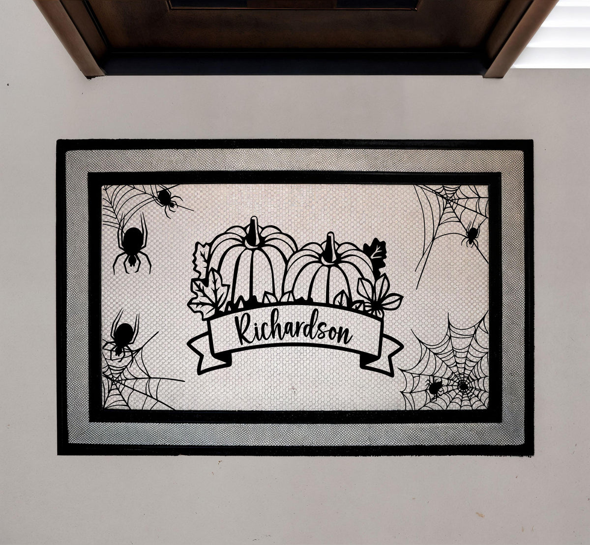 Custom Family Name Pumpkin Doormat, Gothic Spider Web Halloween Welcome Mat
