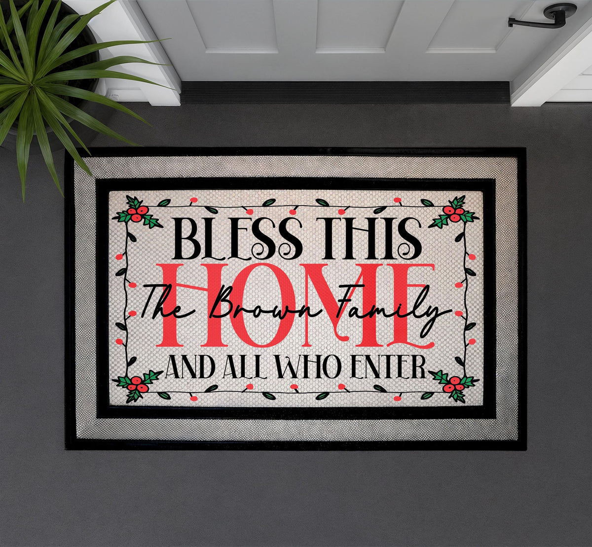 Personalized Bless This Home Family Name Doormat, Winter Berry Welcome Mat