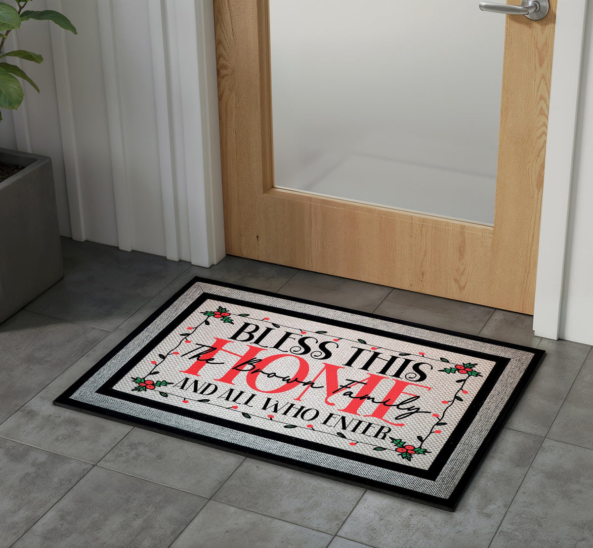 Personalized Bless This Home Family Name Doormat, Winter Berry Welcome Mat