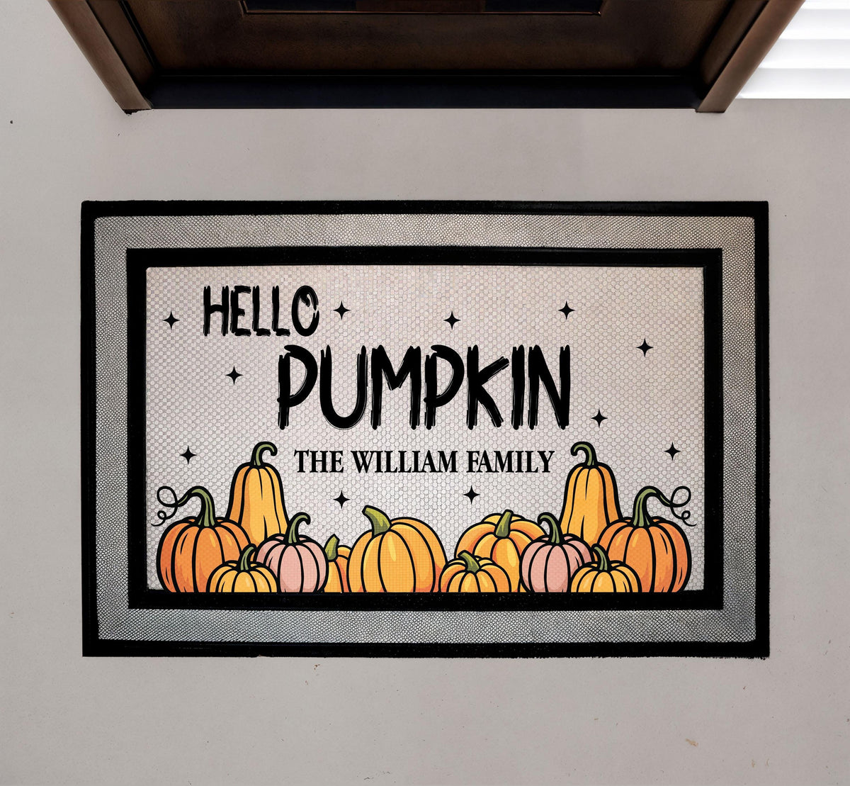 Personalized Family Name Pumpkin Doormat, Autumn Welcome Mat, Fall Porch Decor