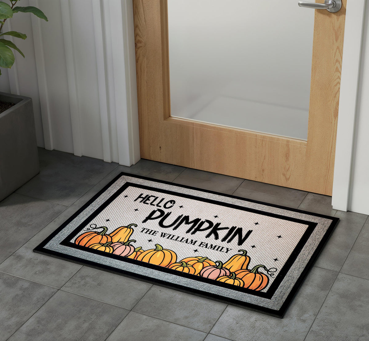 Personalized Family Name Pumpkin Doormat, Autumn Welcome Mat, Fall Porch Decor