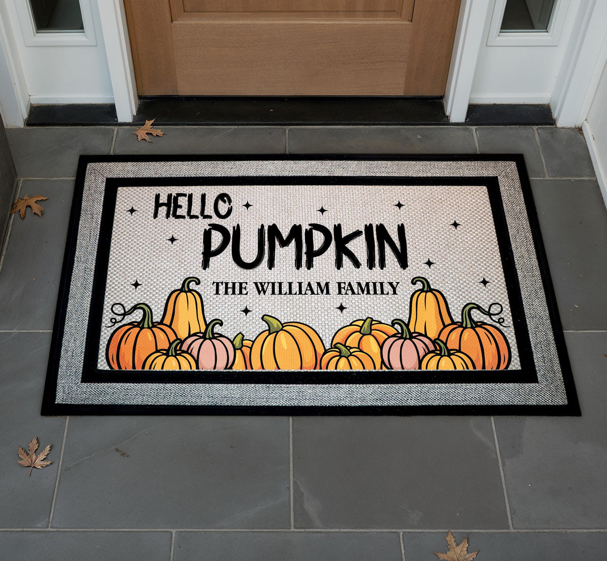 Personalized Family Name Pumpkin Doormat, Autumn Welcome Mat, Fall Porch Decor
