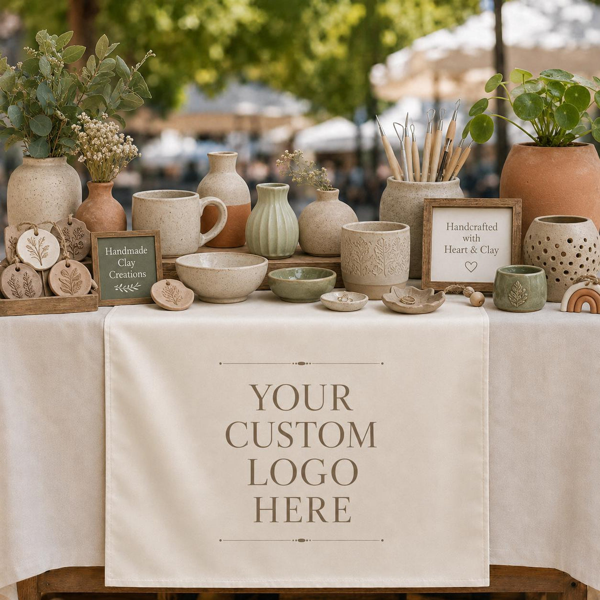 Custom Logo Table Runner Banner, White Vinyl Vendor Booth Sign, Pop Up Decor
