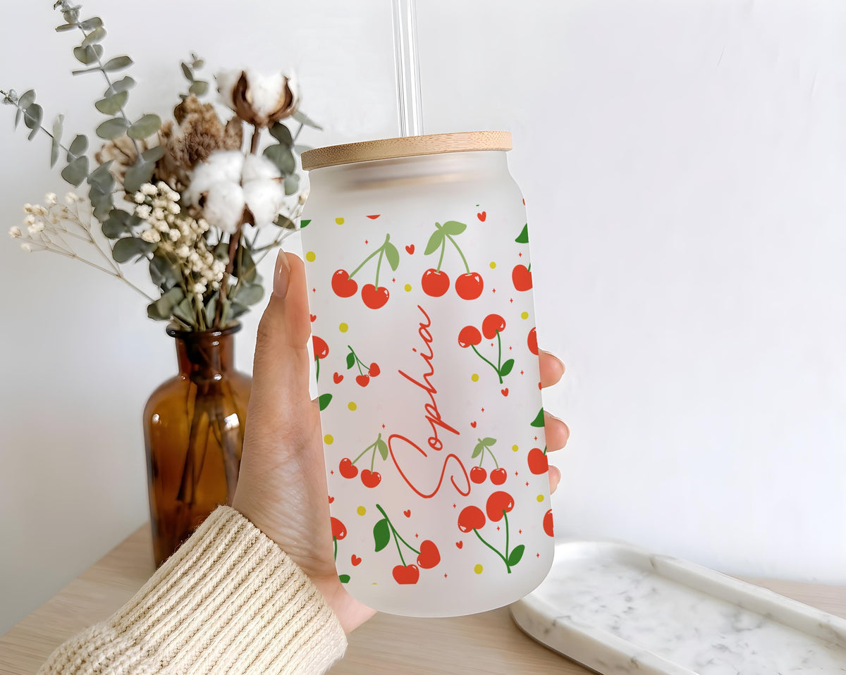 Personalized Cherry Pattern Glass Can Tumbler, Bamboo Lid Cup, Summer Vibe Drinkware