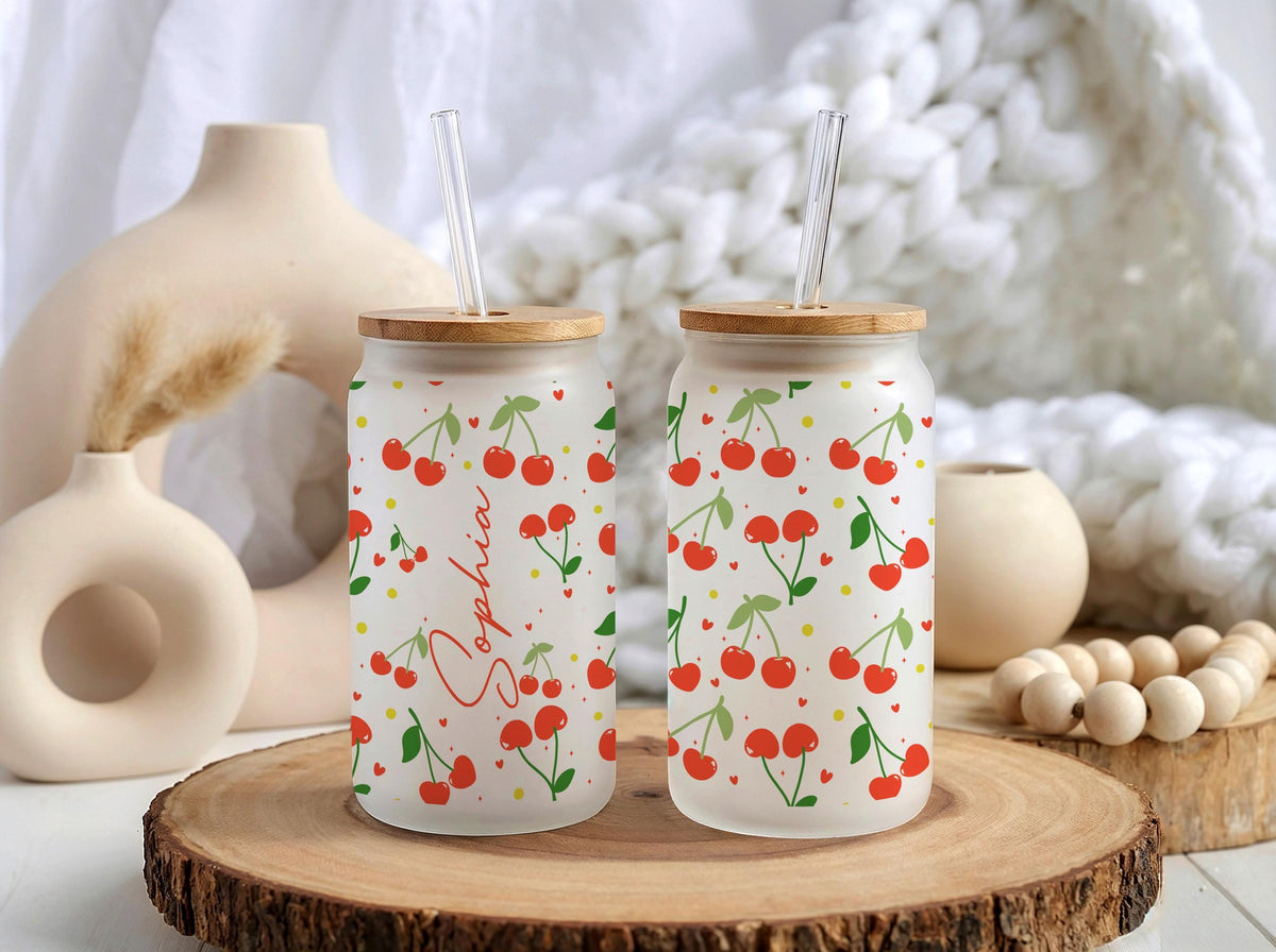 Personalized Cherry Pattern Glass Can Tumbler, Bamboo Lid Cup, Summer Vibe Drinkware