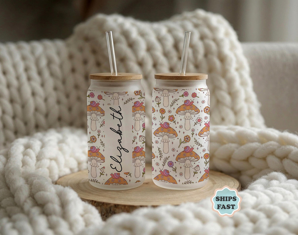 Personalized Mushroom Iced Coffee Glass, Custom Name Fungi Tumbler (16 oz)