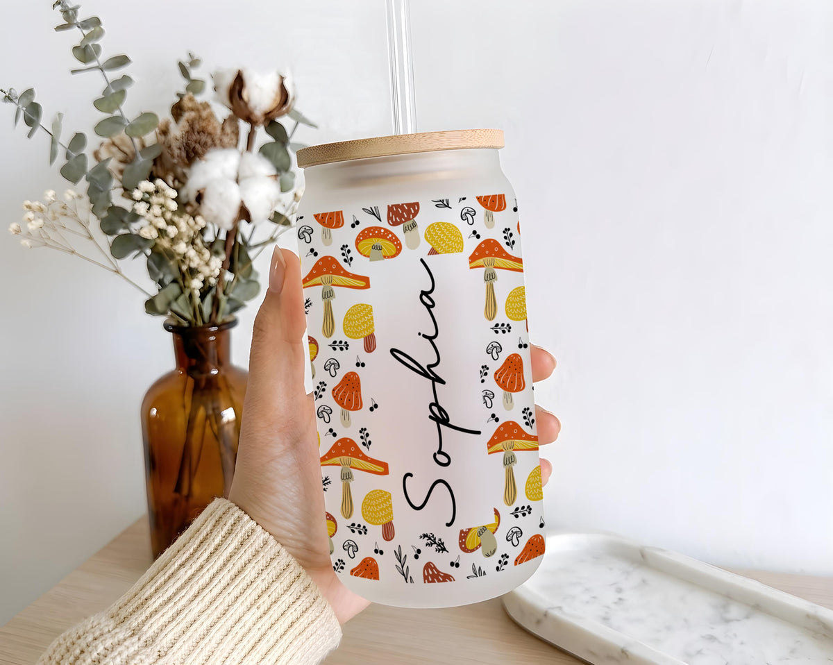 Personalized Mushroom Iced Coffee Glass, Custom Name Fungi Tumbler (16 oz)