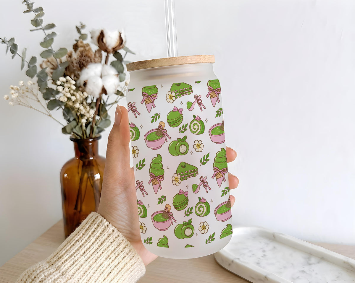 16oz Matcha Glass Tumbler, Japanese Green Tea Pattern Drinkware (Bamboo Lid)