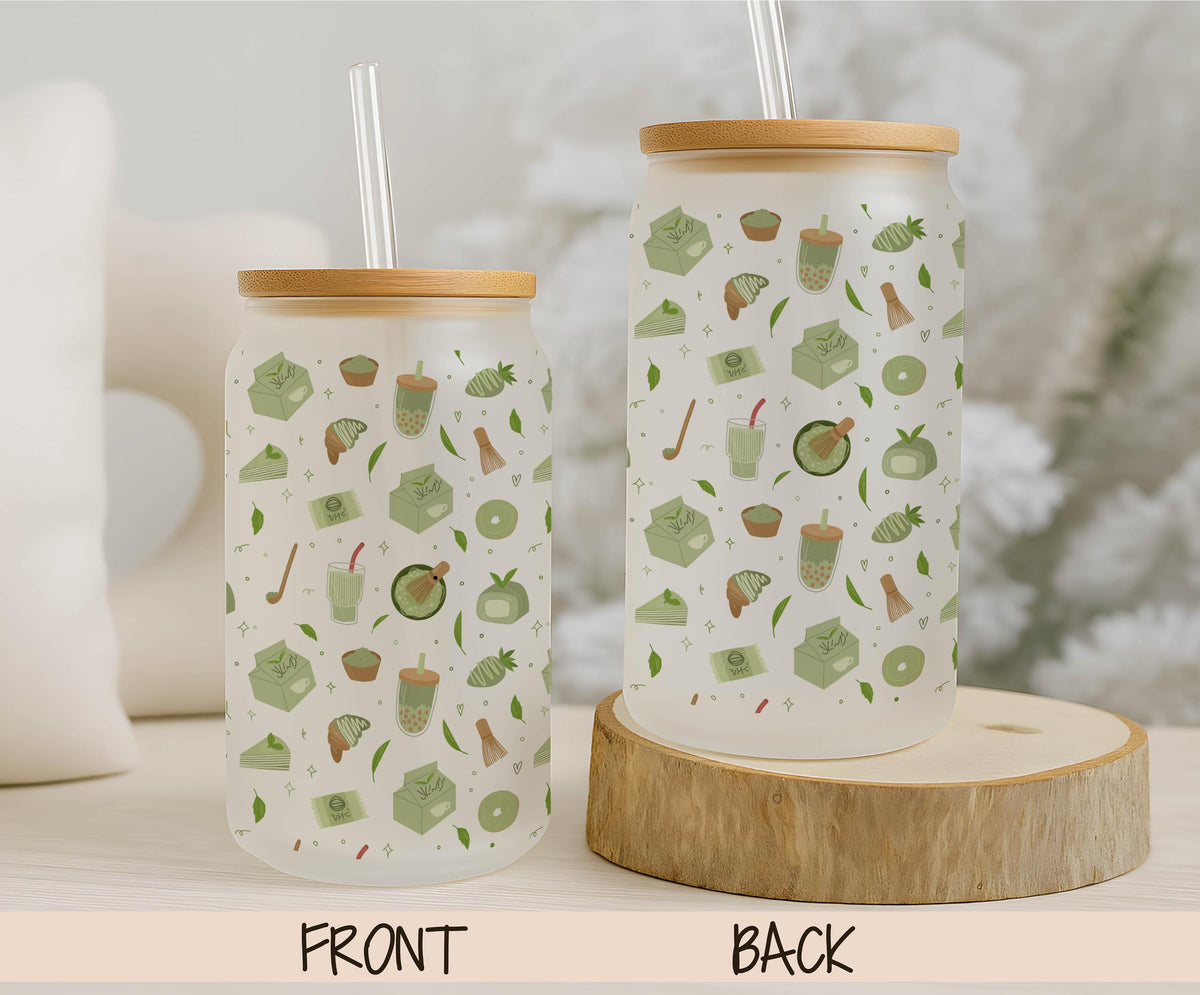 16oz Matcha Glass Tumbler, Japanese Green Tea Pattern Drinkware (Bamboo Lid)