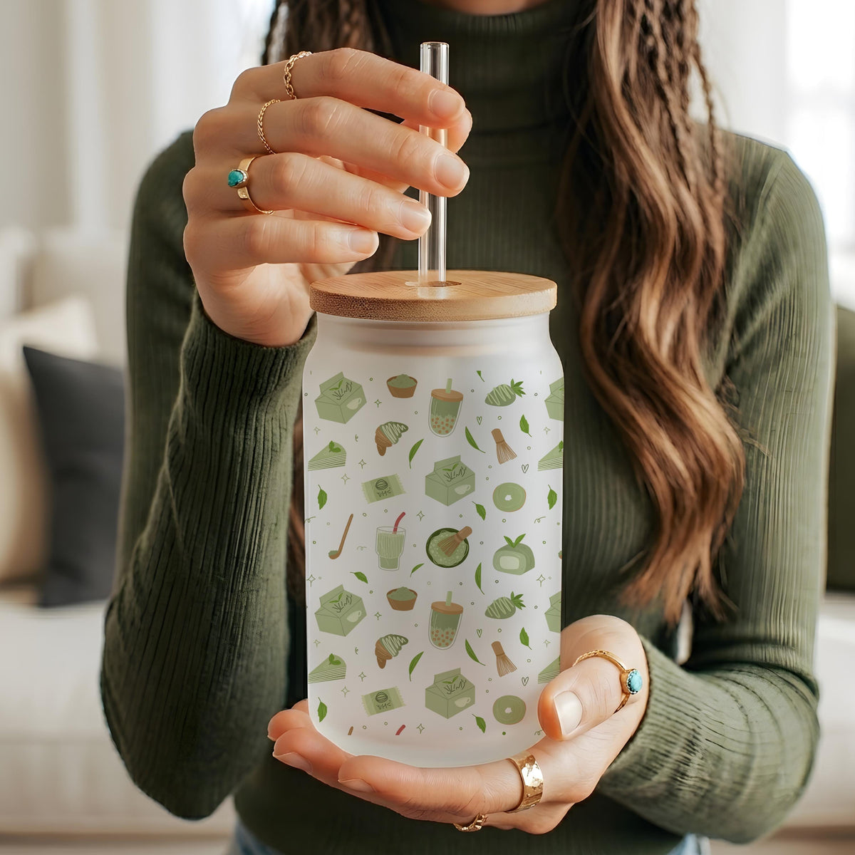 16oz Matcha Glass Tumbler, Japanese Green Tea Pattern Drinkware (Bamboo Lid)