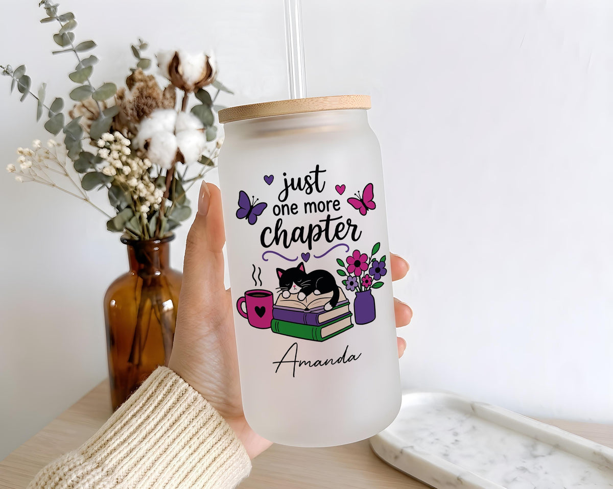 Custom Cat Mom Iced Coffee Glass Tumbler, Reading Book Lover Gift