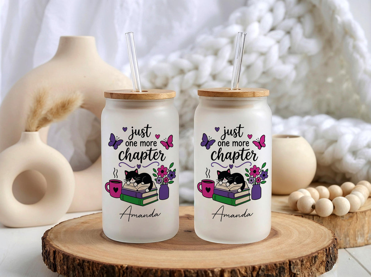 Custom Cat Mom Iced Coffee Glass Tumbler, Reading Book Lover Gift