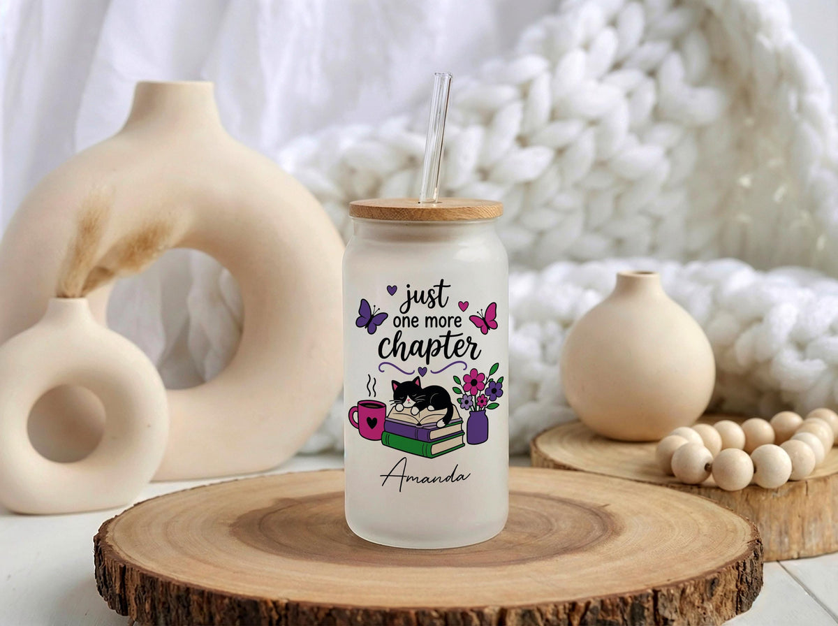 Custom Cat Mom Iced Coffee Glass Tumbler, Reading Book Lover Gift