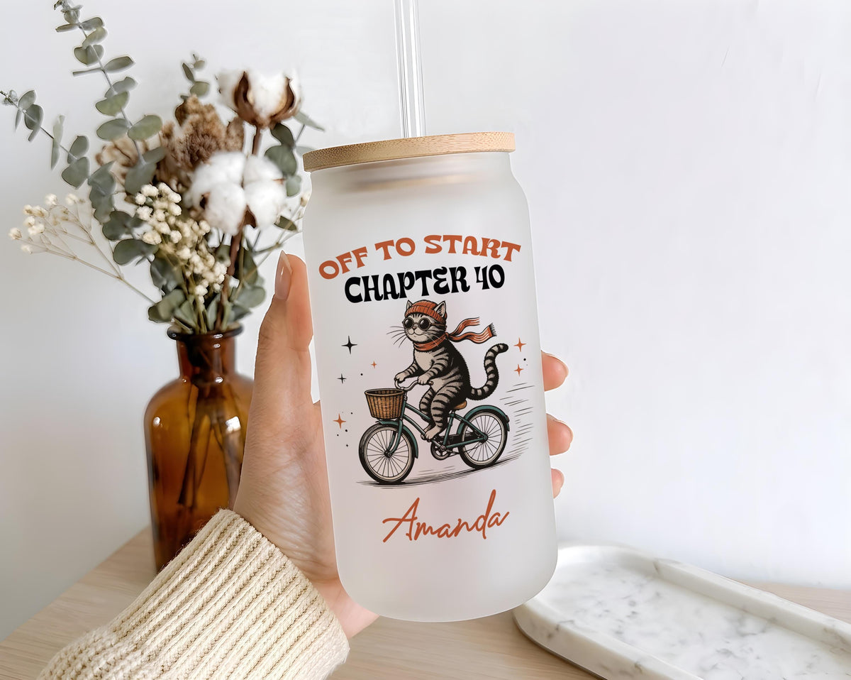 Personalized Cat Mom Iced Coffee Glass, Whimsical Birthday Tumbler (16 oz)