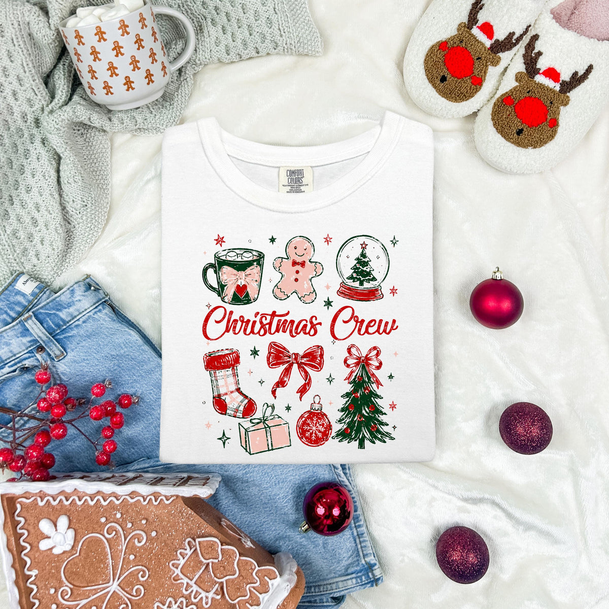 Christmas Crew Comfort Colors® T-Shirt, Coquette Bow Christmas Tee, Holiday Matching Gift