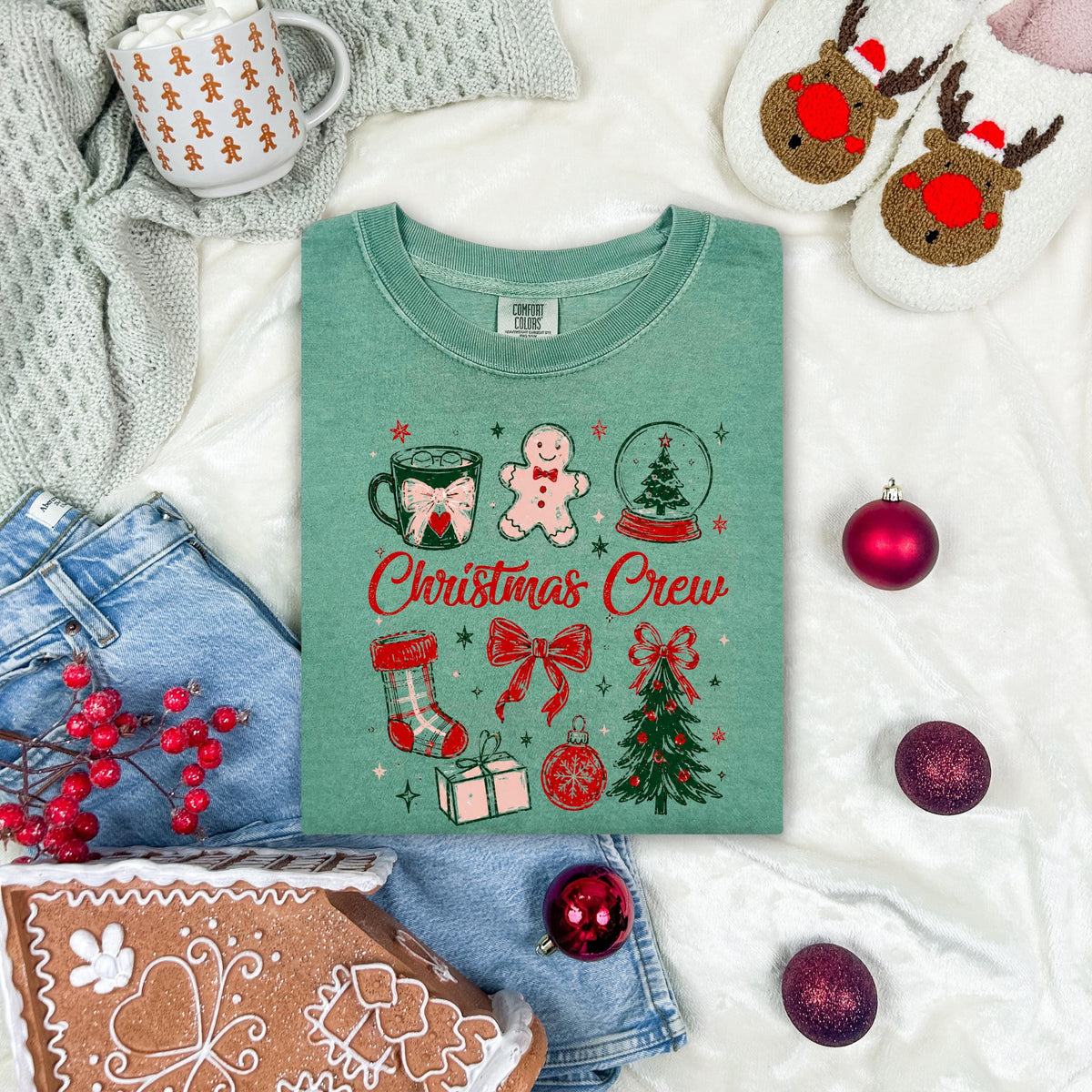 Christmas Crew Comfort Colors® T-Shirt, Coquette Bow Christmas Tee, Holiday Matching Gift