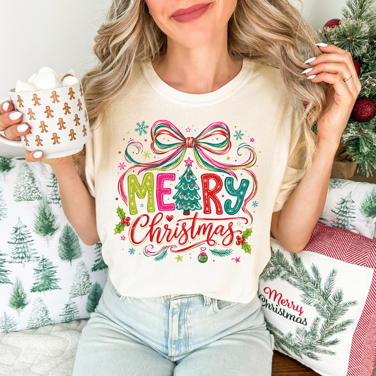 Merry Christmas Comfort Colors® T-Shirt, Colorful Coquette Bow Xmas Tee, Women Holiday Gift
