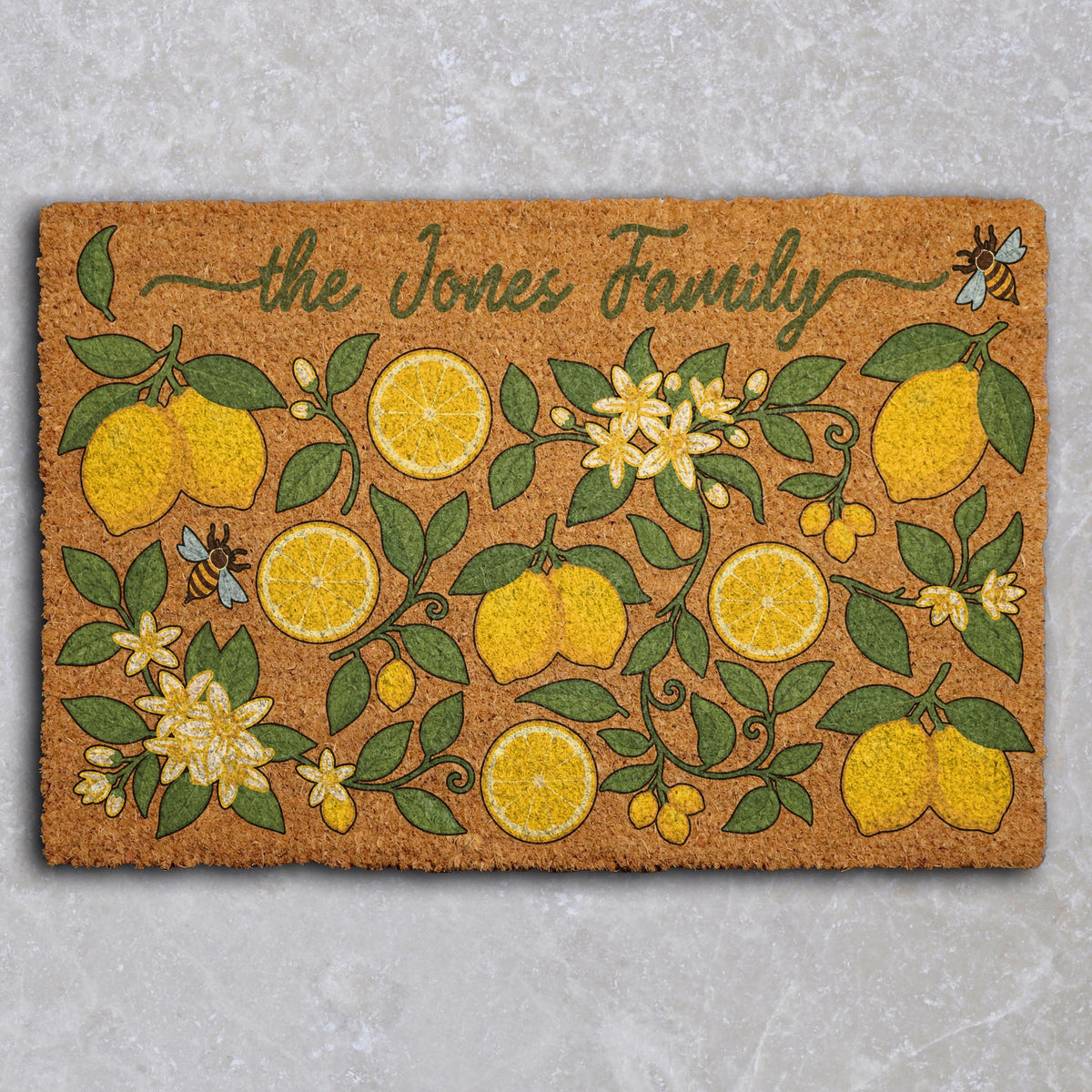 Custom Family Name Lemon Doormat, Personalized Bees and Blossoms Welcome Mat