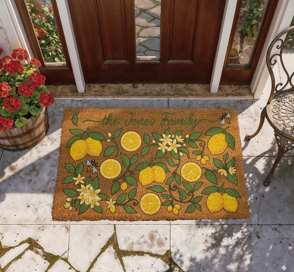 Custom Family Name Lemon Doormat, Personalized Bees and Blossoms Welcome Mat