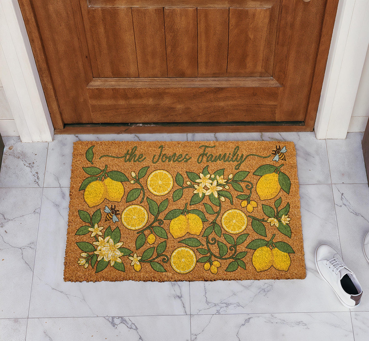 Custom Family Name Lemon Doormat, Personalized Bees and Blossoms Welcome Mat