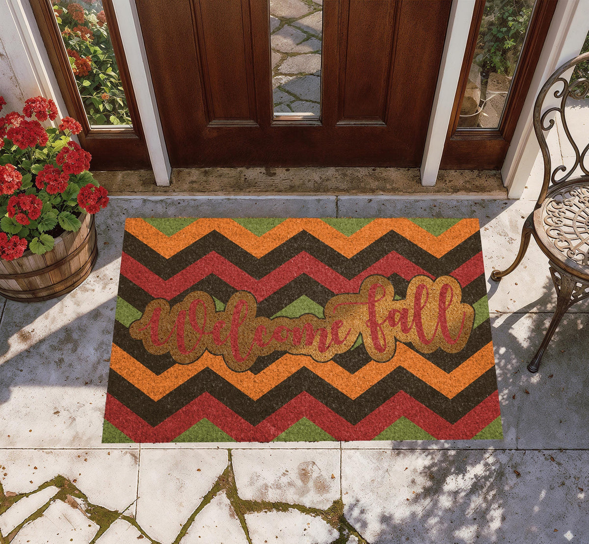Retro Chevron Pattern Welcome Fall Doormat, Cozy Autumn Entryway Welcome Mat