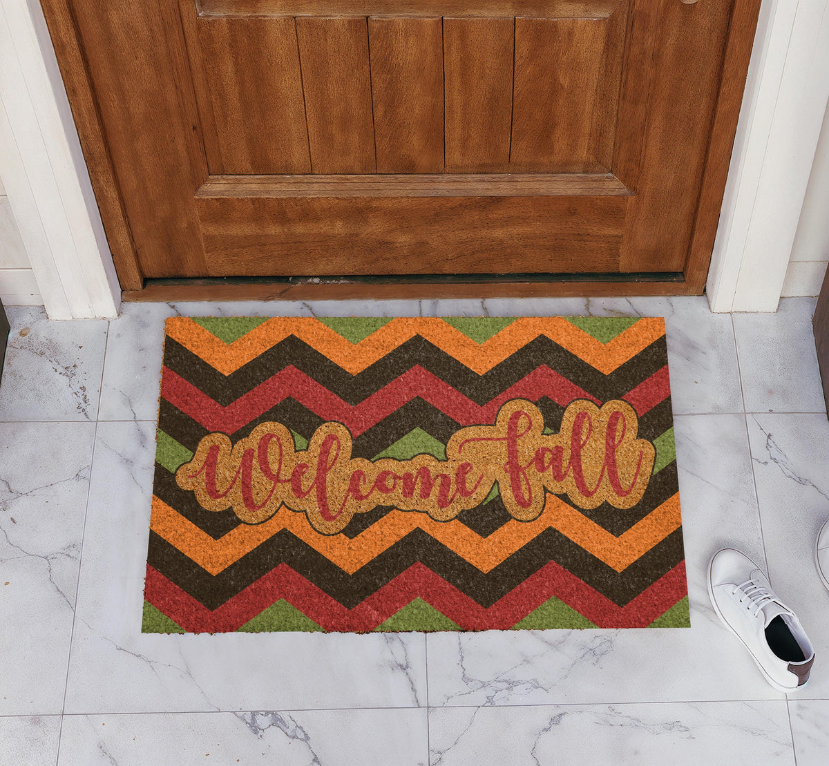 Retro Chevron Pattern Welcome Fall Doormat, Cozy Autumn Entryway Welcome Mat