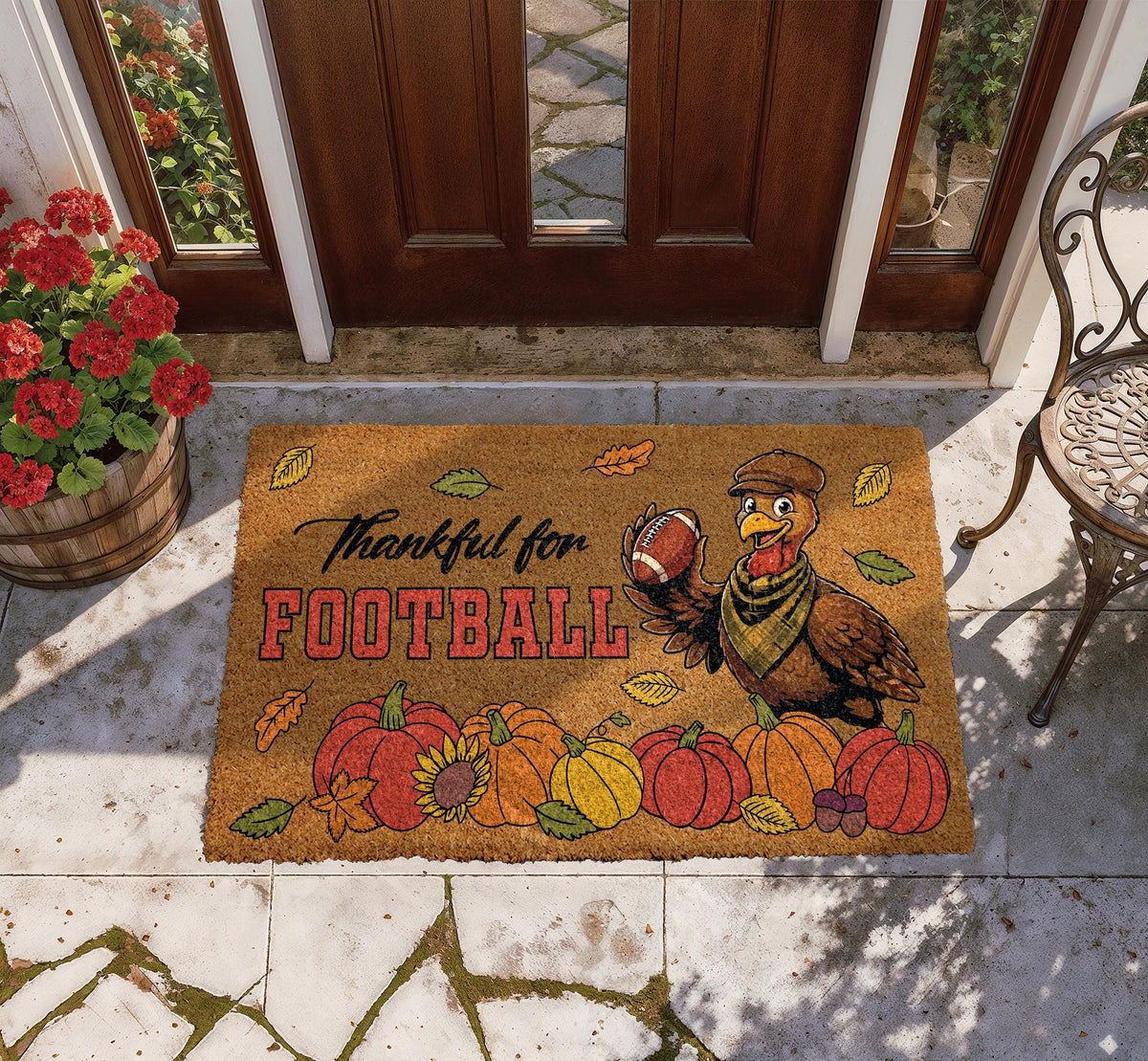 Thankful For Football Welcome Mat, Thanksgiving Turkey Sports Family Doormat