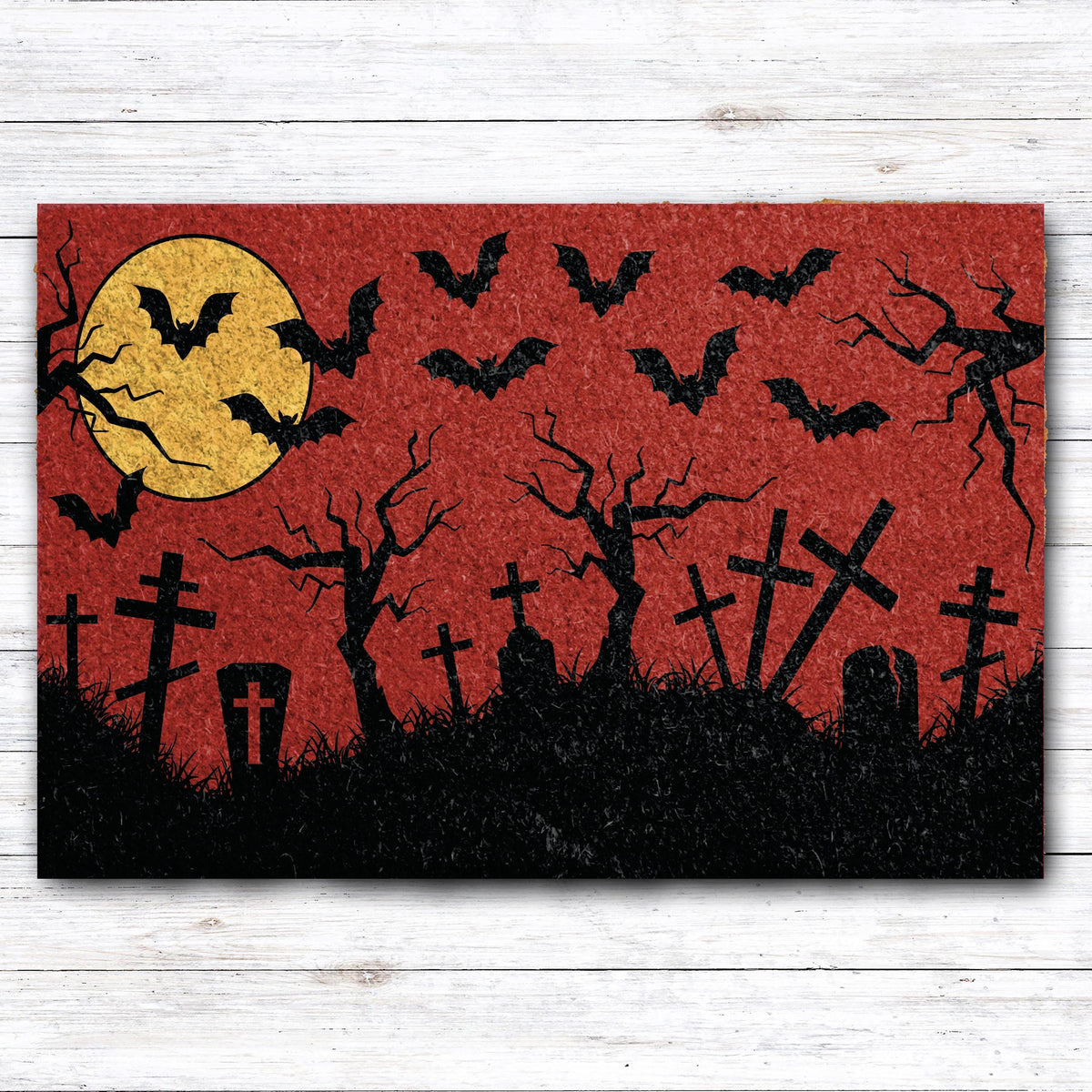 Creepy Haunted Graveyard Welcome Mat, Spooky Cemetery Red Sky Entryway Doormat