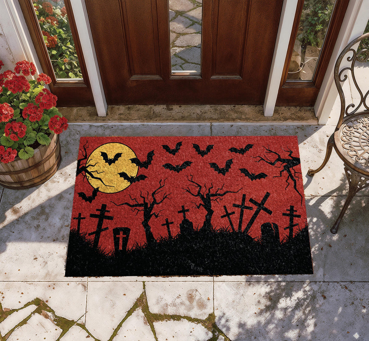 Creepy Haunted Graveyard Welcome Mat, Spooky Cemetery Red Sky Entryway Doormat