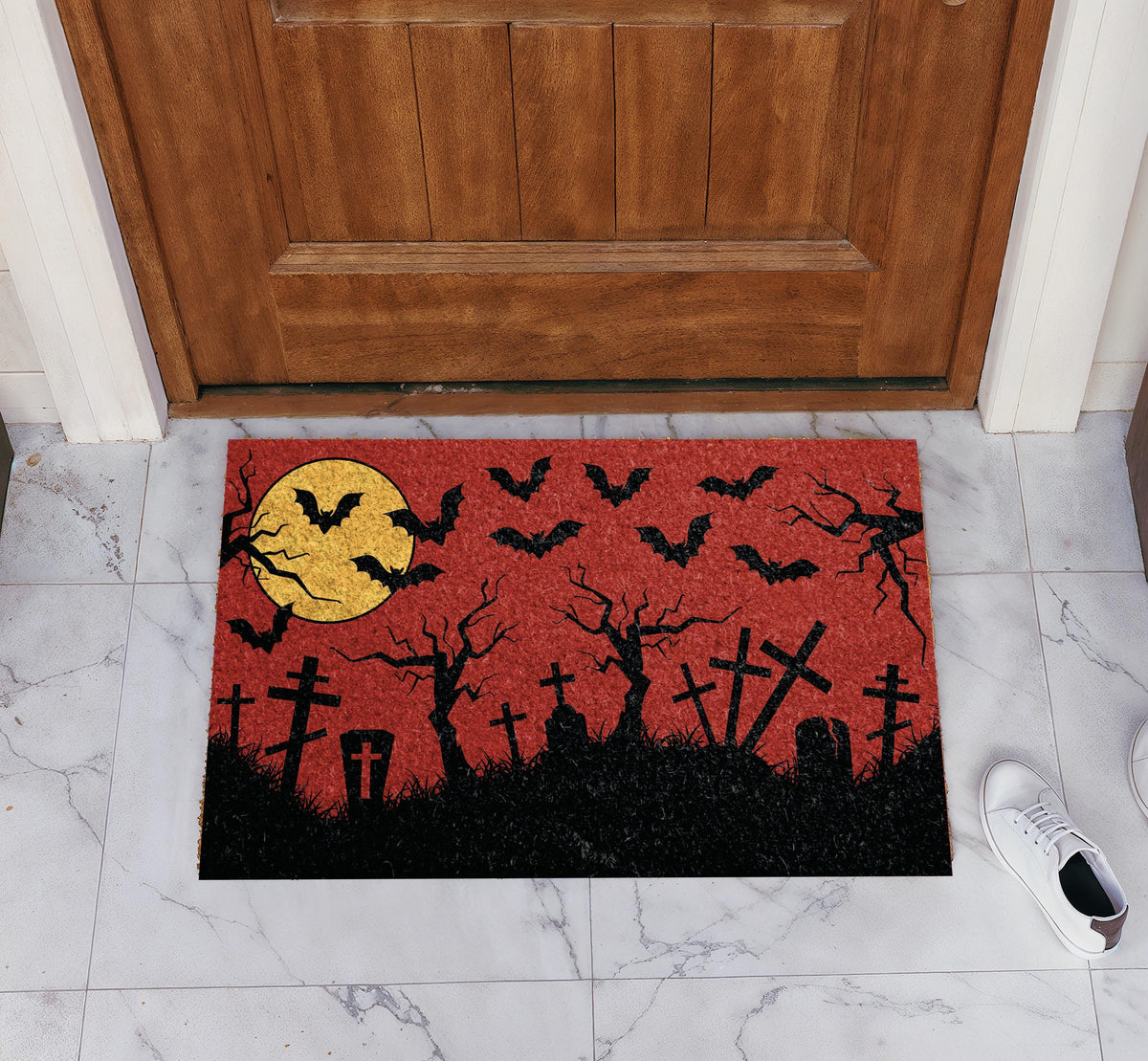 Creepy Haunted Graveyard Welcome Mat, Spooky Cemetery Red Sky Entryway Doormat