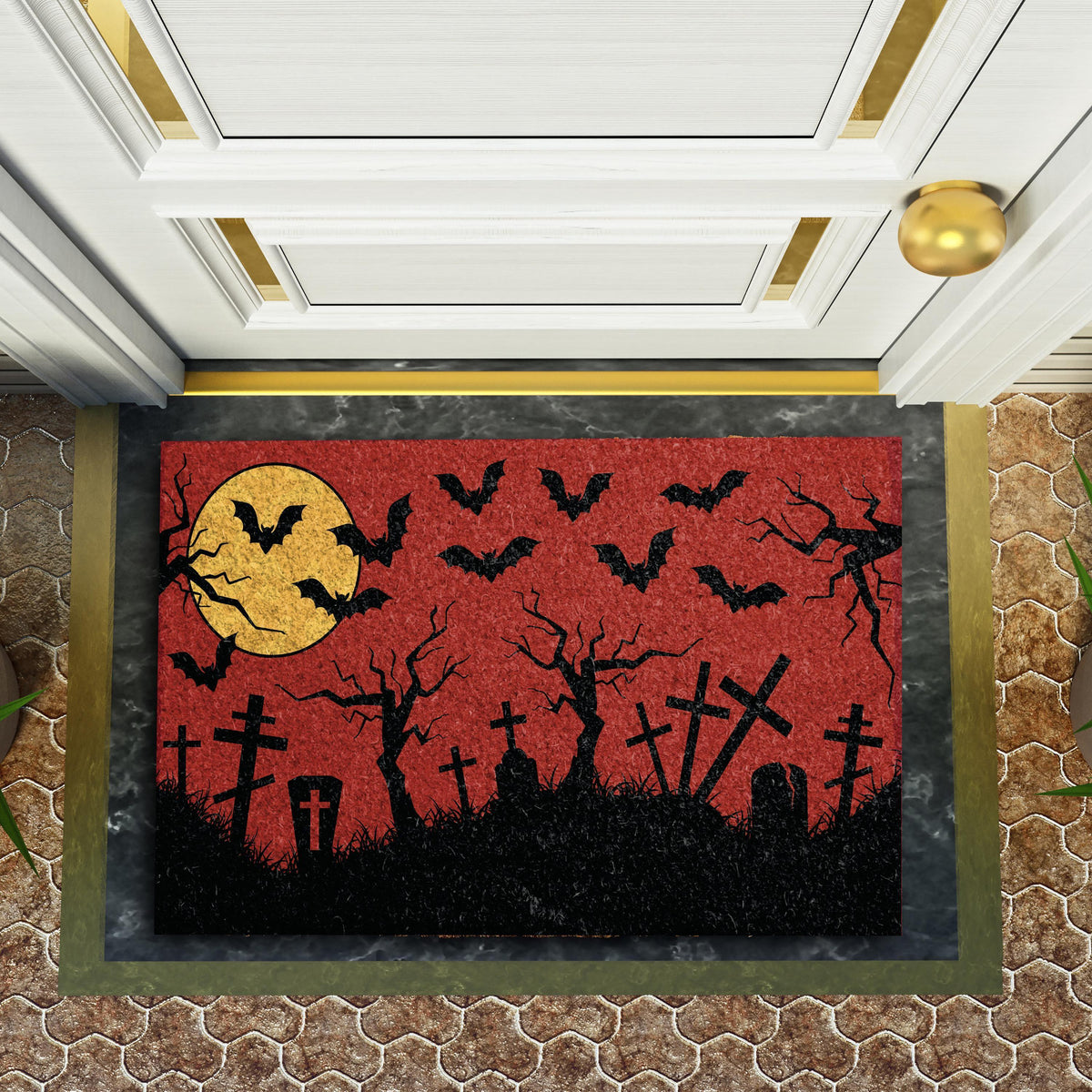 Creepy Haunted Graveyard Welcome Mat, Spooky Cemetery Red Sky Entryway Doormat