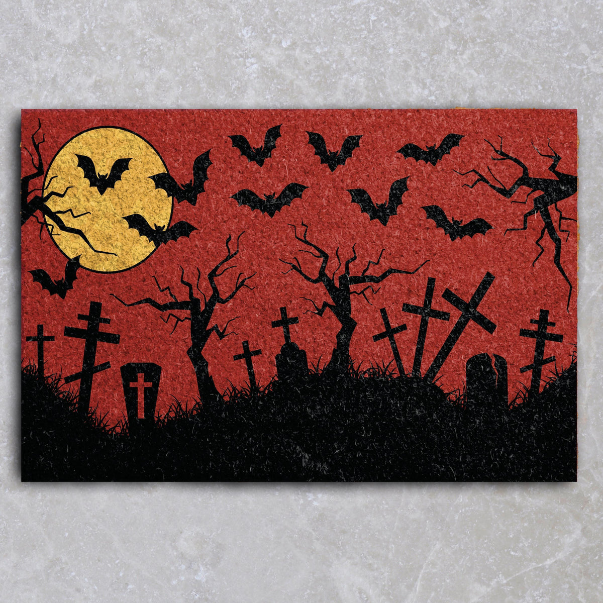 Creepy Haunted Graveyard Welcome Mat, Spooky Cemetery Red Sky Entryway Doormat