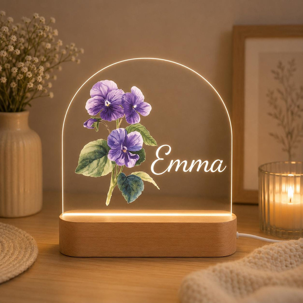 Personalized Birth Flower LED Night Light with Custom Name