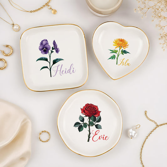 Personalized Birth Month Flower Jewelry Dish, Custom Name Ceramic Trinket Tray