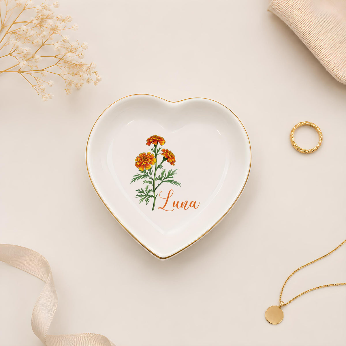 Personalized Birth Month Flower Jewelry Dish, Custom Name Ceramic Trinket Tray