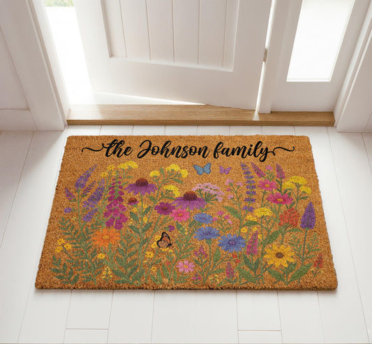 Personalized Botanical Welcome Mat, Custom Family Name Wildflower Doormat