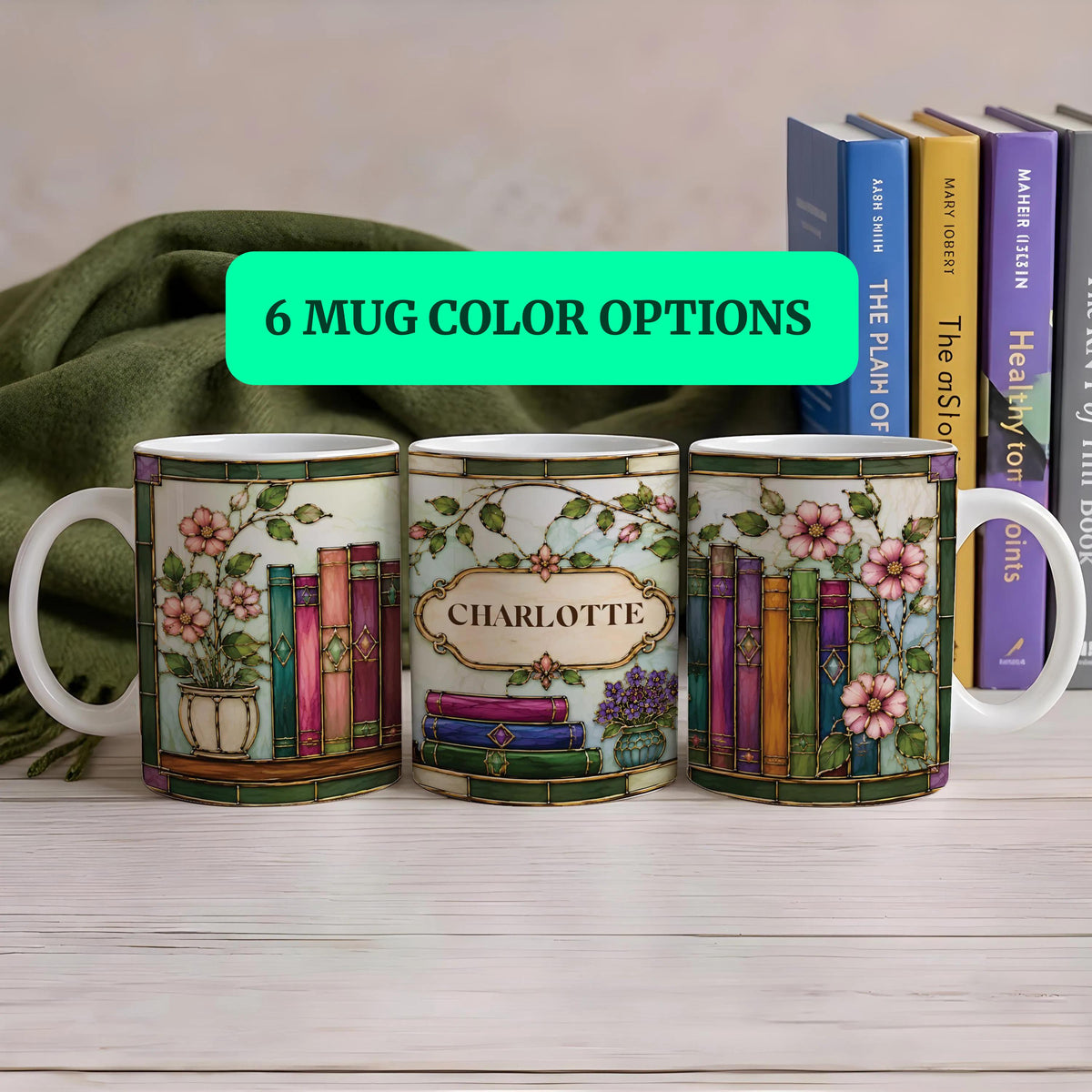 Custom Name Stained Glass Design Bookish Coffee Mug