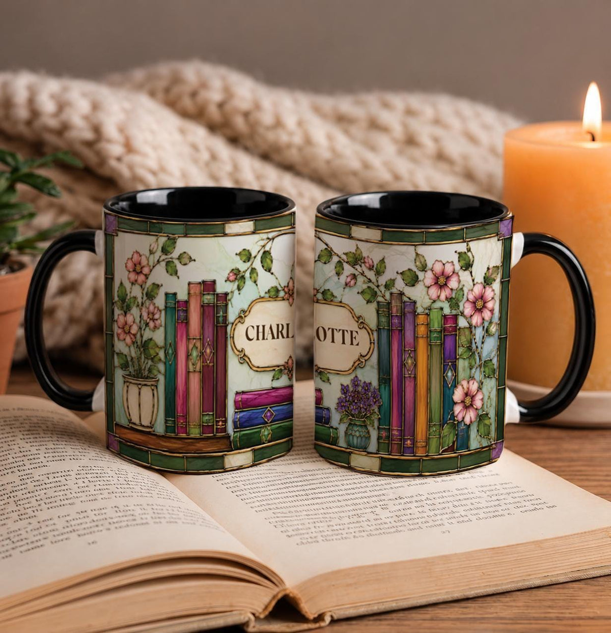 Custom Name Stained Glass Design Bookish Coffee Mug