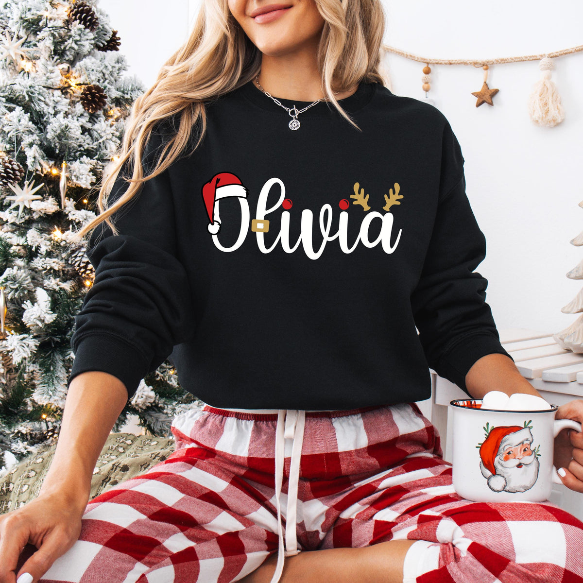 Santa Hat Name T-shirt, Custom Family Christmas Shirt, Holiday Matching Sweatshirt