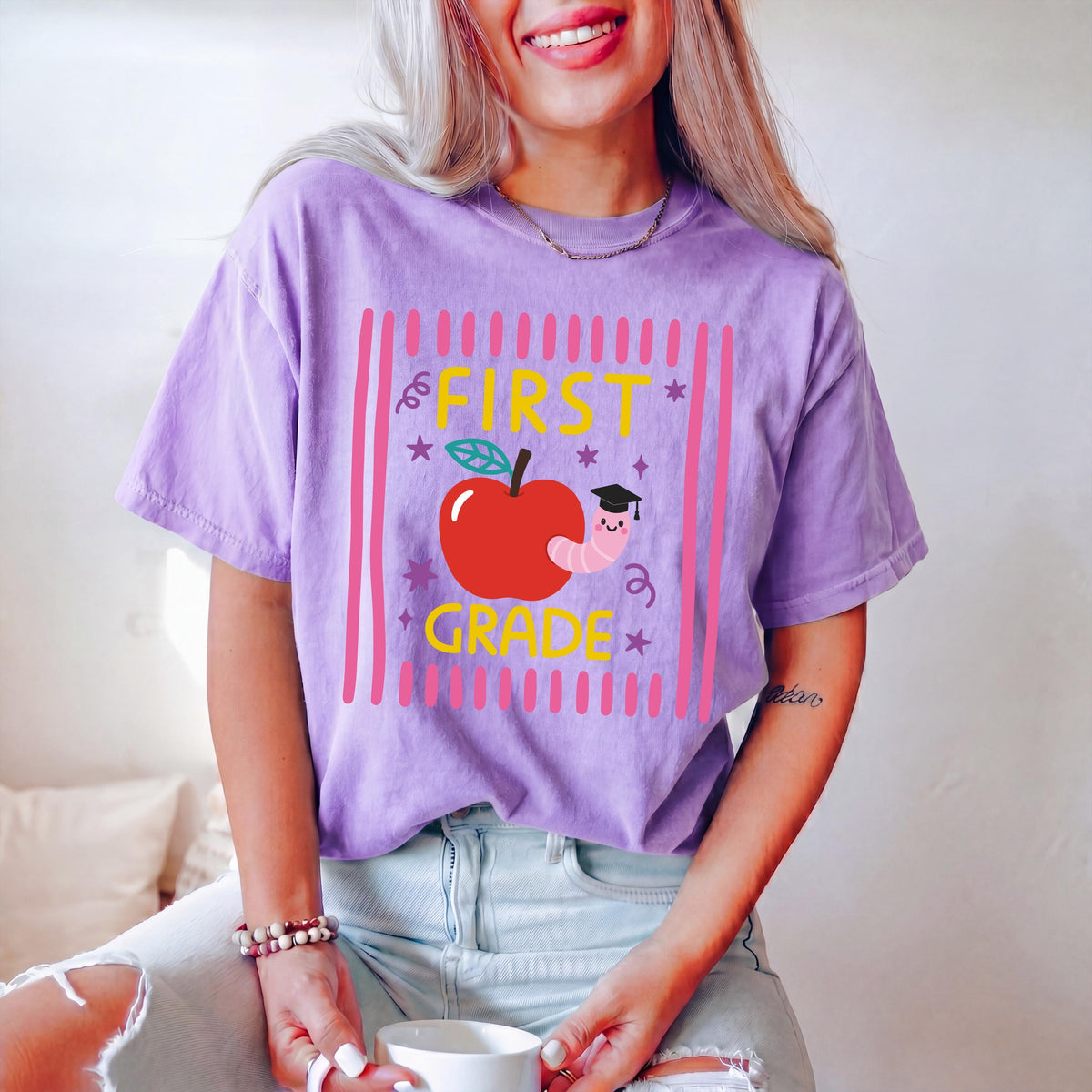 Striped Apple Comfort Colors® Shirt, Grade Level Teacher Tee, Teacher Team Gifts