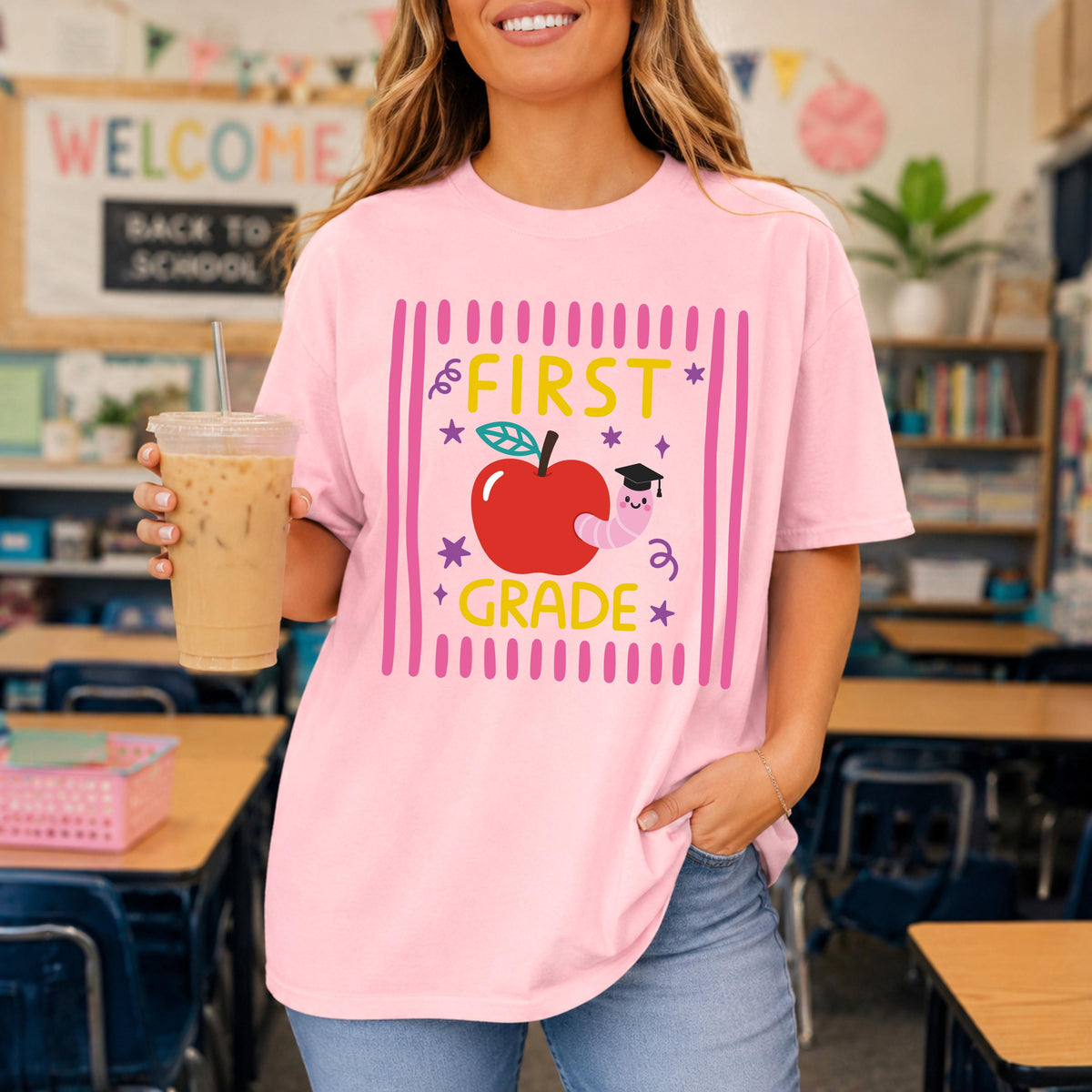 Striped Apple Comfort Colors® Shirt, Grade Level Teacher Tee, Teacher Team Gifts