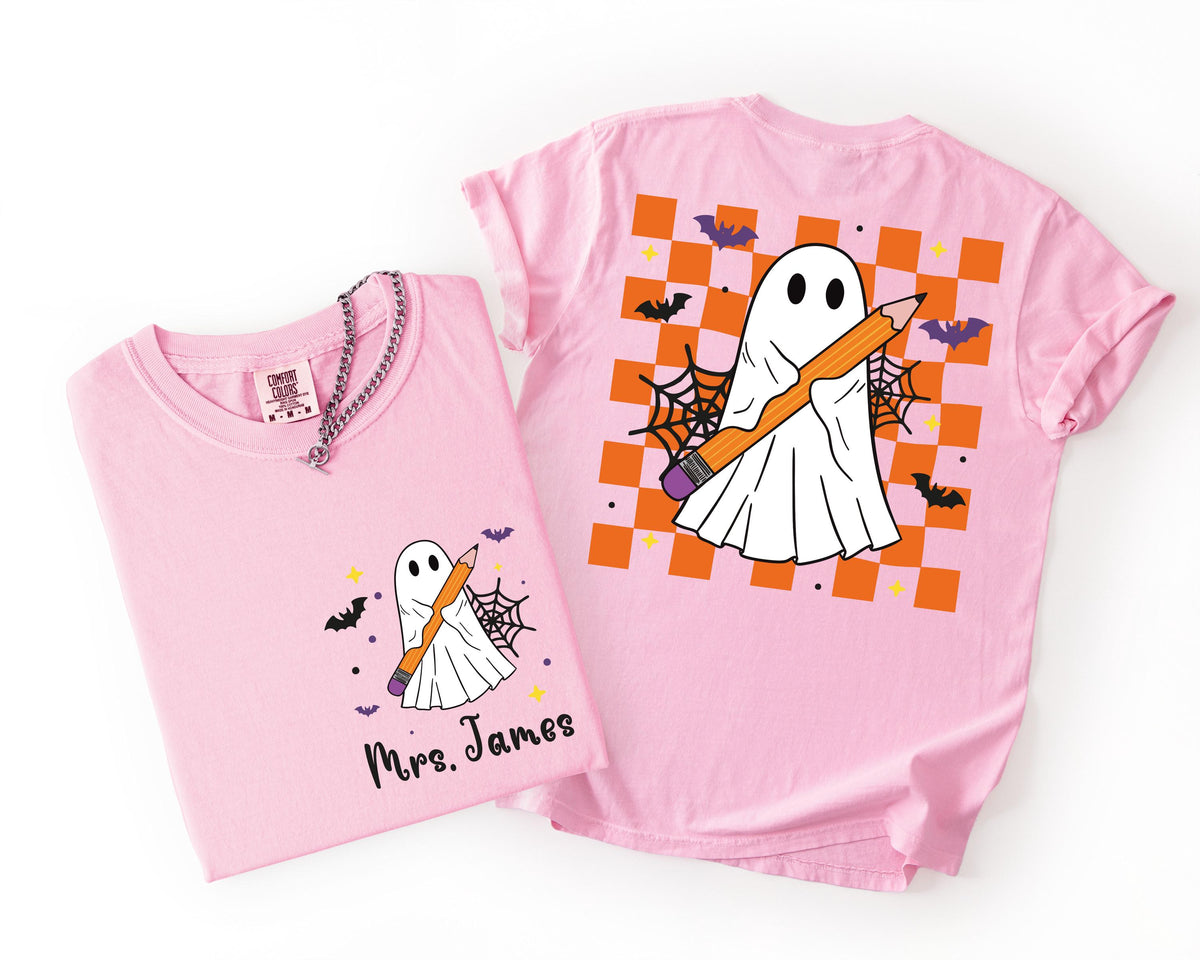 Custom Halloween Teacher Comfort Colors® T-Shirt, Teacher Ghost Tee, Spooky Season Teacher Gift