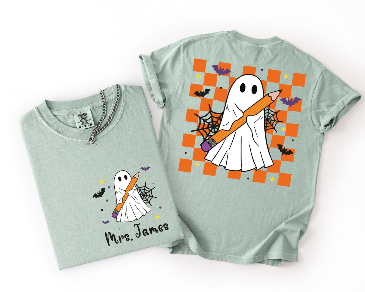 Custom Halloween Teacher Comfort Colors® T-Shirt, Teacher Ghost Tee, Spooky Season Teacher Gift