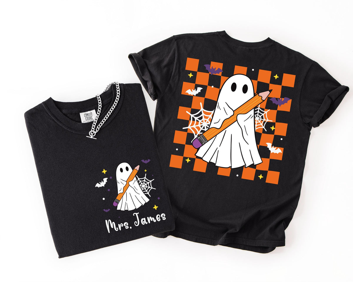 Custom Halloween Teacher Comfort Colors® T-Shirt, Teacher Ghost Tee, Spooky Season Teacher Gift